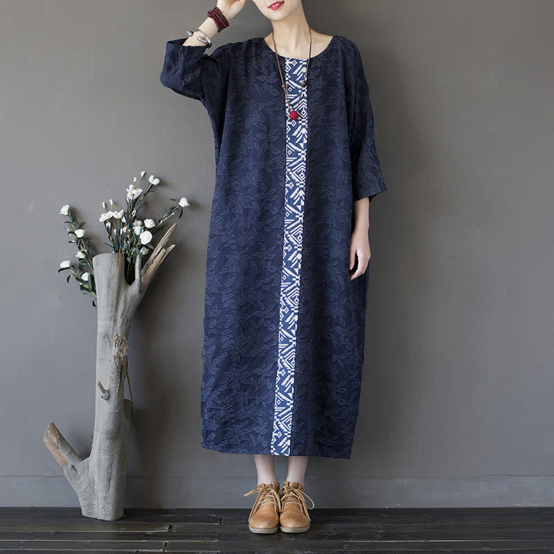 Mythstone Blue Flowers Embroidery Jacquard Midi Dress Three Quarter Sleeve Cotton Dress With Pockets