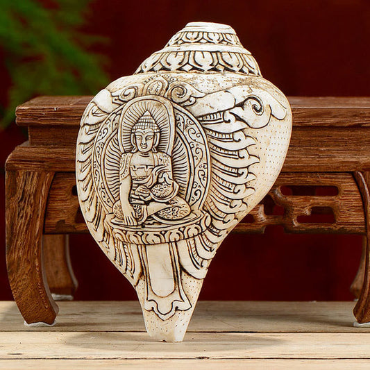 Mythstone Tibetan Handmade Engraved Shankha Buddha Avalokitesvara Conch Shell Wealth Decoration