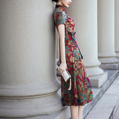 Mythstone Silk Qipao Dress Retro Flower Leaf Pattern Women's Cheongsam Dress