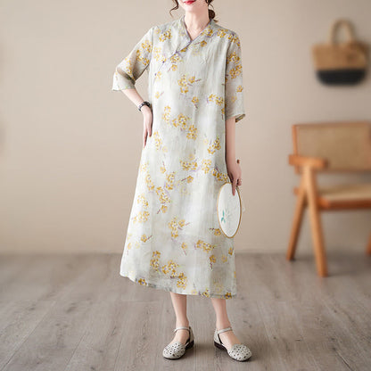 Mythstone Yellow Flowers Print Cheongsam Midi Dress Cotton Linen Half Sleeve Dress With Pockets