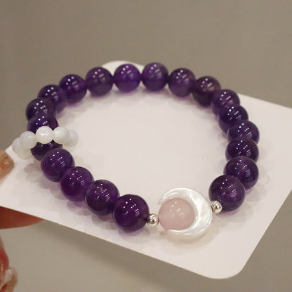 Pulsera de media luna curativa con ojo de gato, amatista natural, aguamarina y cristal rosa de plata de ley 925 de Mythstone 