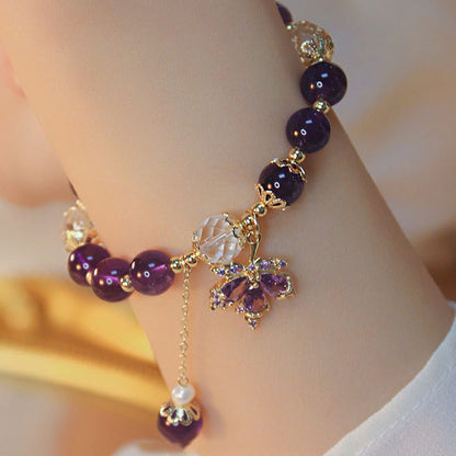 Mythstone 14k Gold Plated Natural Amethyst Healing Maple Leaf Charm Bracelet