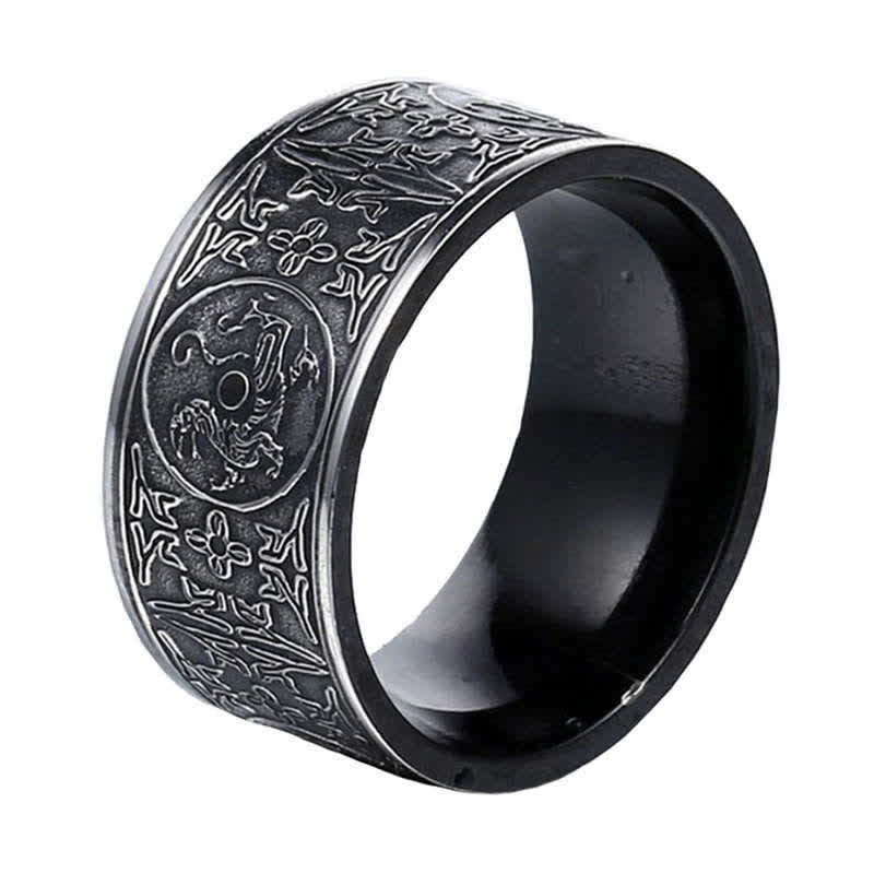 Mythstone Four Guardian Beast Dragon White Tiger Suzaku Basalt Carved Success Luck Ring