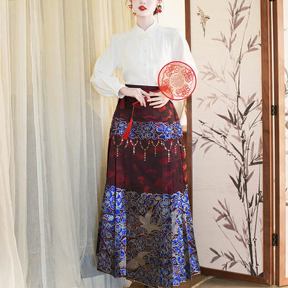 Mythstone Long Sleeve Shirt Top Chinese Hanfu Crane Blue Auspicious Clouds Horse Face Skirt Mamianqun