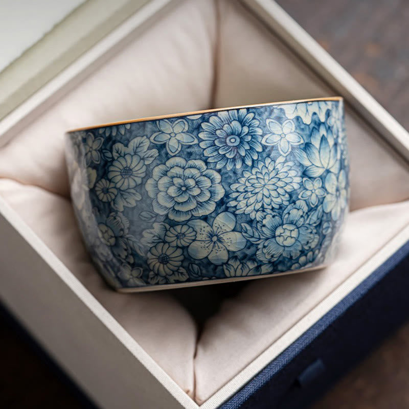 Mythstone Blue Lotus Peach Blossom Chrysanthemum Design Ceramic Teacup Kung Fu Tea Cups