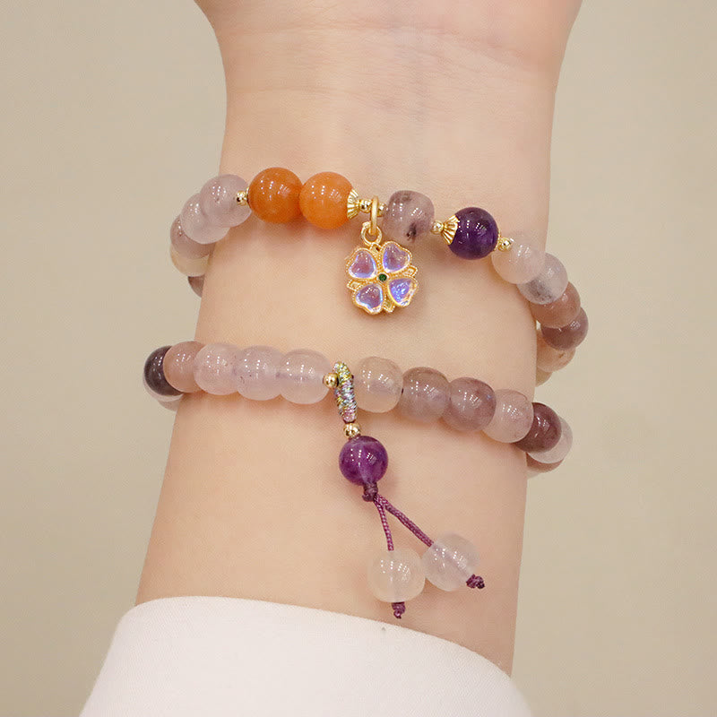 Mythstone Natural Purple Golden Silk Jade Violet Flower Bead Charm Wealth Bracelet