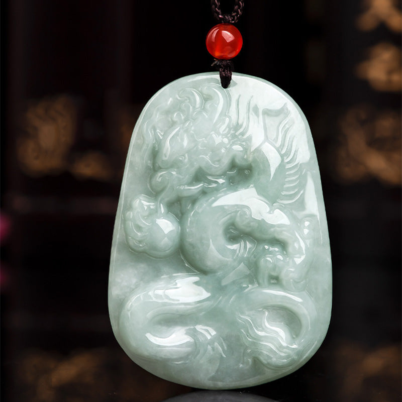 Mythstone Chinese Zodiac Flying Dragon Jade Protection Necklace String Pendant