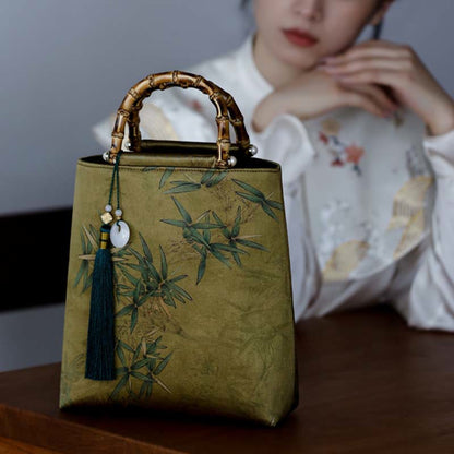 Mythstone Yellow Green Bamboo Leaves Bamboo Handles Handbag