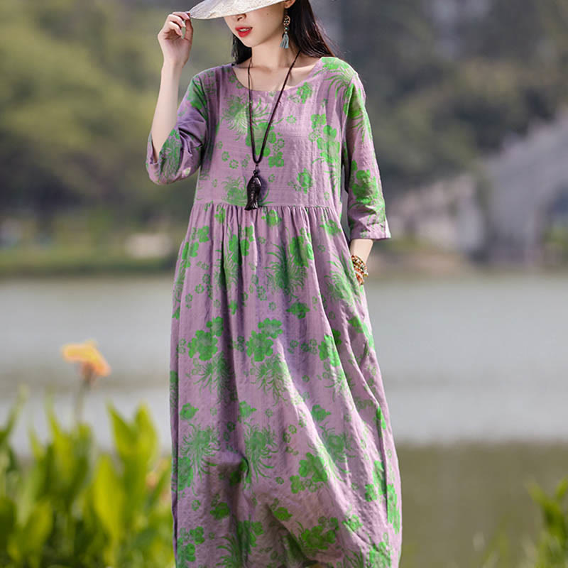 Mythstone Flowers Print Midi Dress Tunic Dress With Pockets