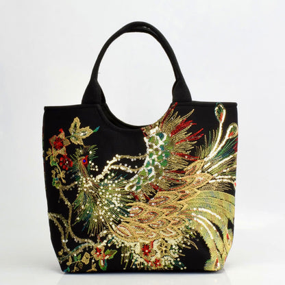 Mythstone Peacock Double-sided Embroidery Tote Bag Shoulder Bag Crossbody Bag