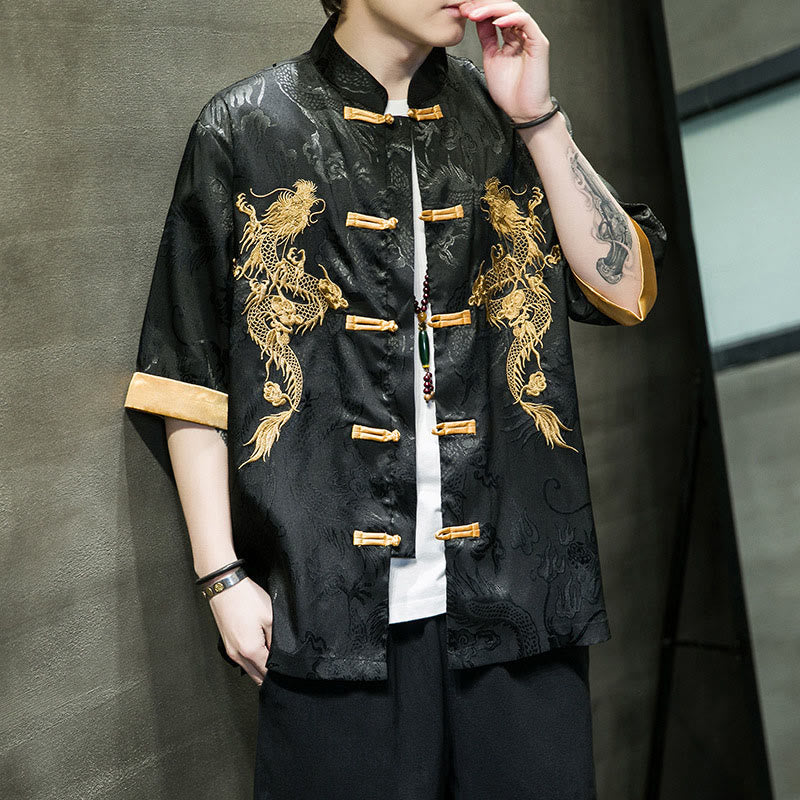 Mythstone Frog-Button Chinese Dragon Embroidery Half Sleeve Shirt Linen Men Clothing