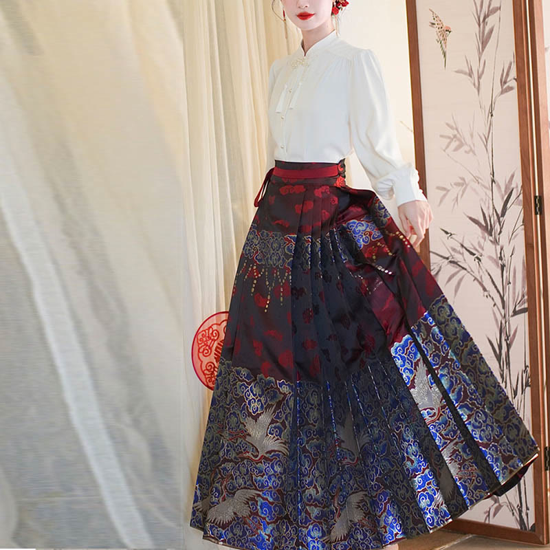 Mythstone Long Sleeve Shirt Top Chinese Hanfu Crane Blue Auspicious Clouds Horse Face Skirt Mamianqun