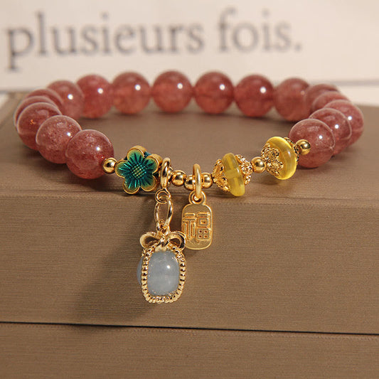 Mythstone Natural Strawberry Quartz Crystal Aquamarine Fortune Brand Love Bracelet