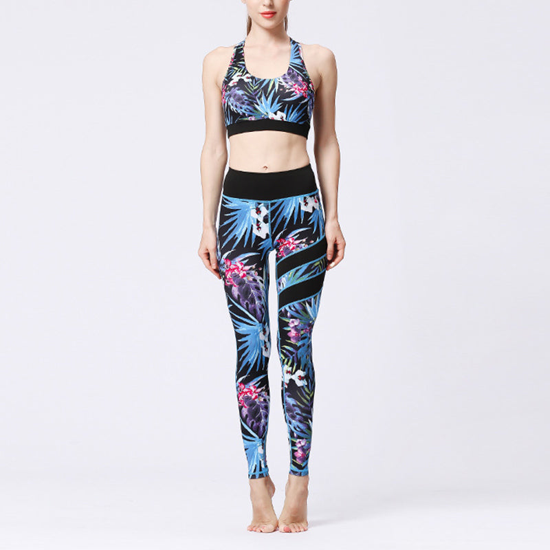 Mythstone 2Pcs Sunflower Flowers Leaves Print Top Pants Sports Fitness Yoga Women's Yoga Sets