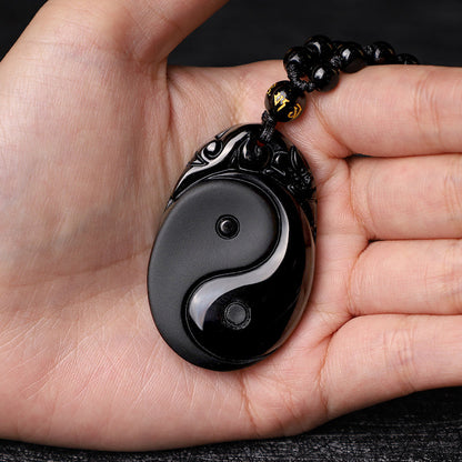 Mythstone Natural Black Obsidian Yin Yang Fulfilment Strength Necklace Pendant