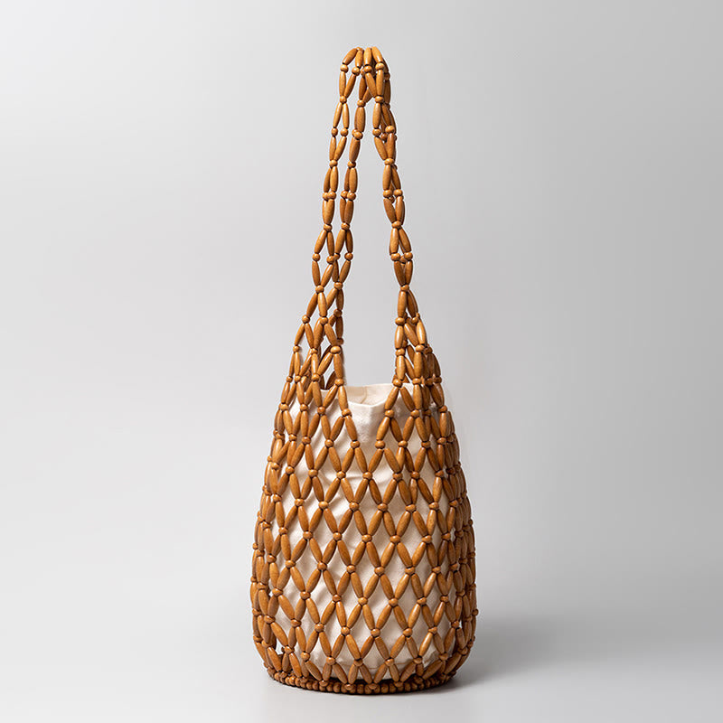 Mythstone Hand-woven Wooden Beads Bucket Shoulder Bag Handbag