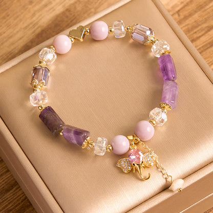 Mythstone Amethyst Green Aventurine Strawberry Quartz Positive Elephant Charm Bracelet