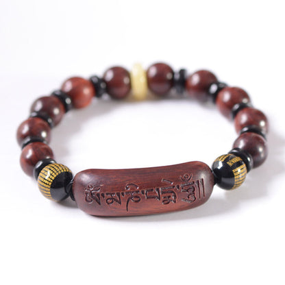 Mythstone Small Leaf Red Sandalwood Om Mani Padme Hum Engraved Protection Bracelet