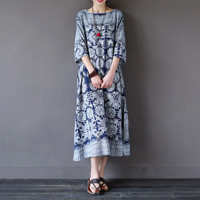 Mythstone Blue White Flower Printed Button Midi Dress Three Quarter Sleeve Cotton Linen Dress With Pockets