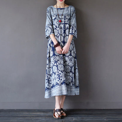 Mythstone Blue White Flower Printed Button Midi Dress Three Quarter Sleeve Cotton Linen Dress With Pockets