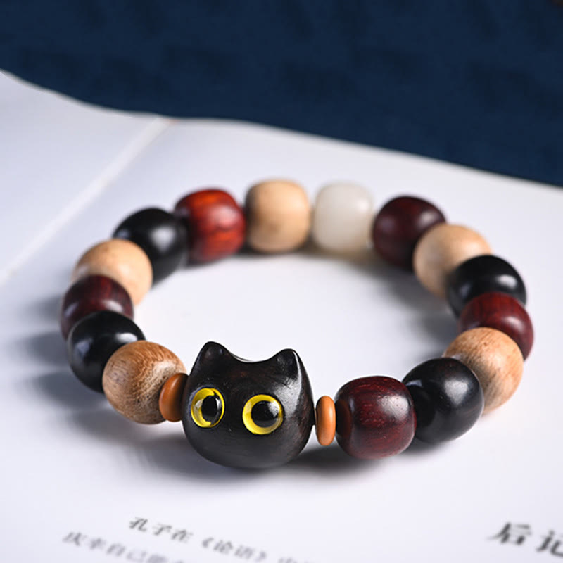 Mythstone Small Leaf Red Sandalwood Ebony Wood Cute Cat Engraved Protection Bracelet