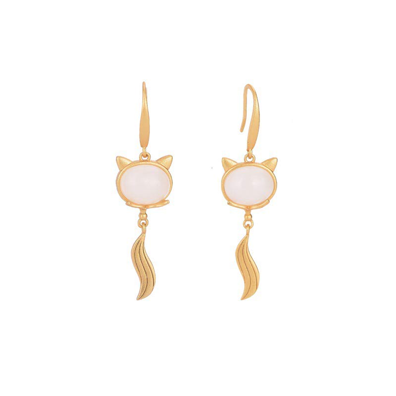 Mythstone FengShui White Jade Fox Fortune Earrings