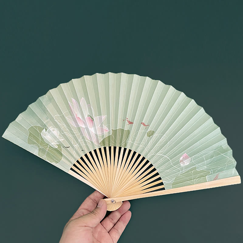 Mythstone Lotus Flowers Leaf Koi Fish Handheld Paper Bamboo Folding Fan