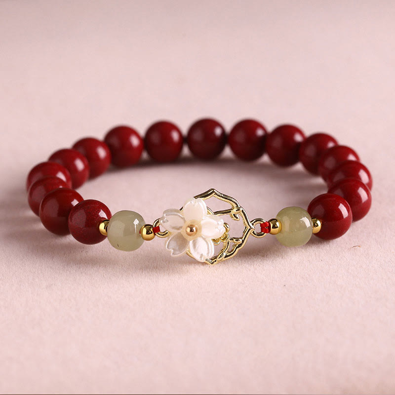 MythStone Natural Cinnabar Jade Beaded Tridacna Stone Flower Blessing Bracelet