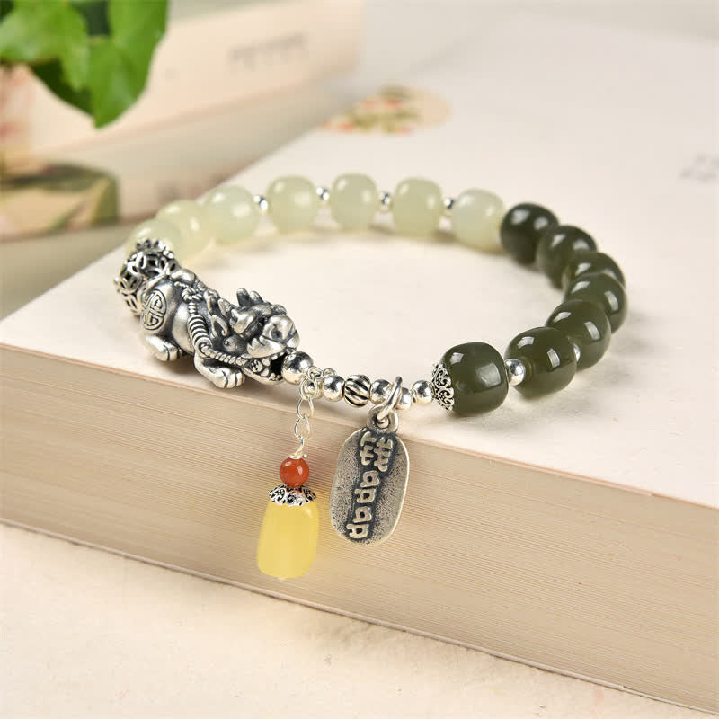 Mythstone 925 Sterling Silver Natural Hetian Jade Amber PiXiu Luck Bracelet