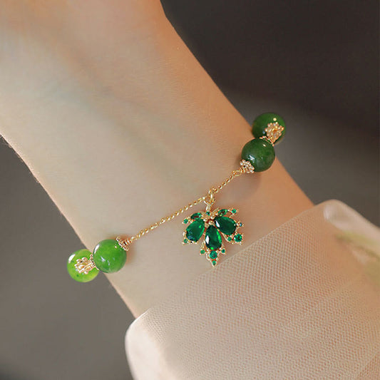 Mythstone 14k Gold Plated Green Chalcedony Maple Leaf Courage Strength Bracelet