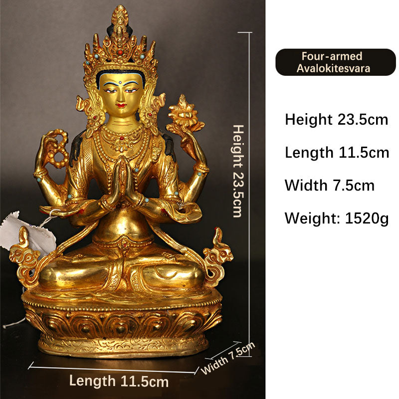 Mythstone Bodhisattva Tara Chenrezig Four-armed Avalokitesvara Protection Copper Gold Plated Statue Decoration