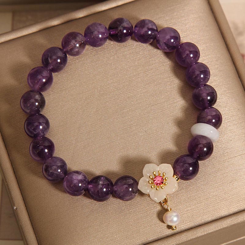 Mythstone Natural Amethyst White Agate Pearl Charm Balance Bracelet