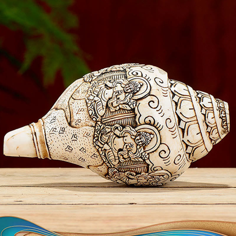 Mythstone Tibetan Handmade Engraved Shankha Buddha Avalokitesvara Conch Shell Wealth Decoration