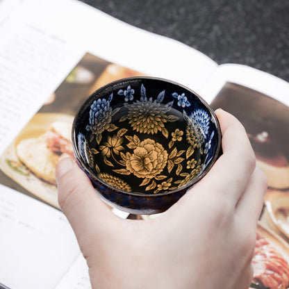 Mythstone Koi Fish Chrysanthemum Peony Flower Butterfly Ceramic Teacup Kung Fu Tea Cup Bowl 100ml