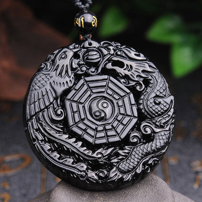 Mythstone Bagua Dragon Phoenix Obsidian Fulfilment Pendant Necklace