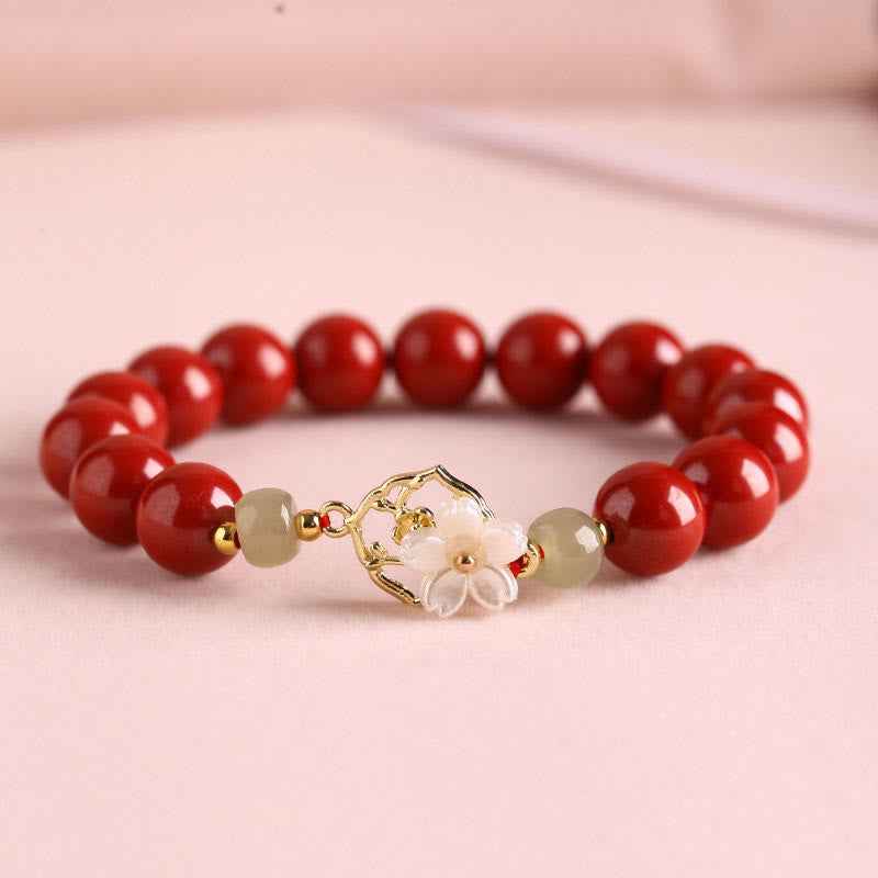 MythStone Natural Cinnabar Jade Beaded Tridacna Stone Flower Blessing Bracelet