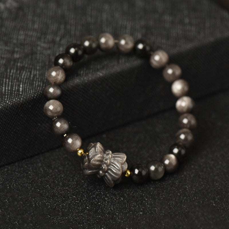 Mythstone Silver Sheen Obsidian Lotus Flower Nine Tailed Fox Laughing Buddha Protection Bracelet