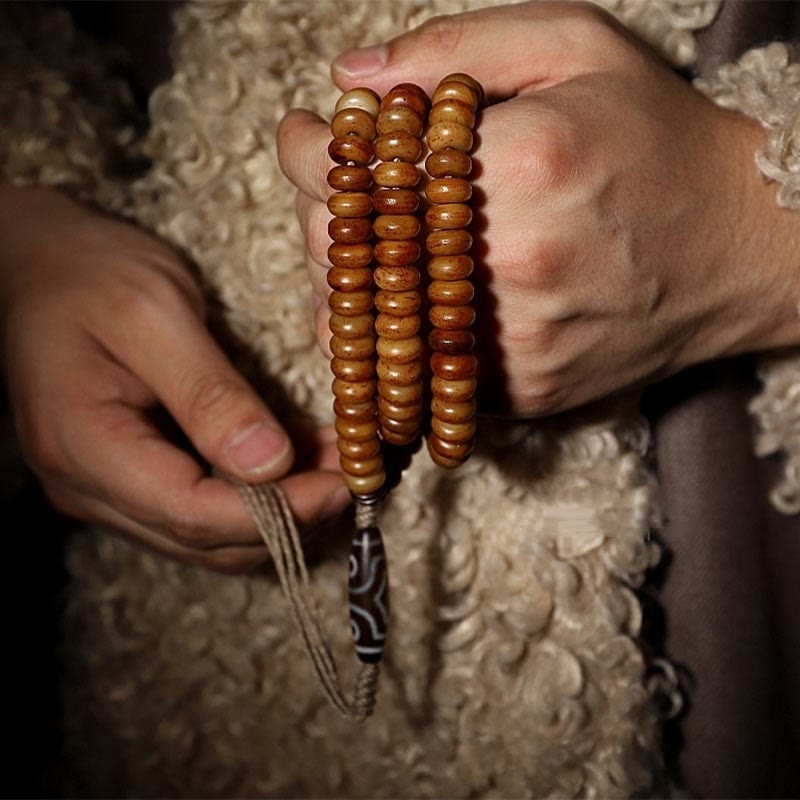 Mythstone Tibet 108 Mala Beads Yak Bone Three-eyed Dzi Bead Keep Away Evil Spirits Bracelet