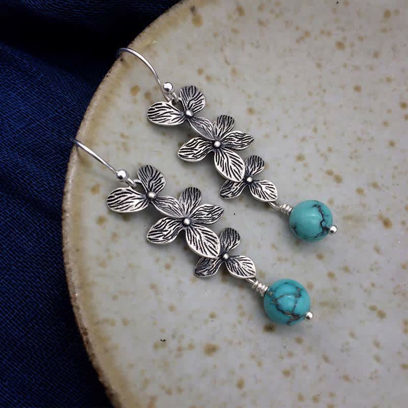 Mythstone 925 Sterling Silver Turquoise Lazurite Flower Leaf Serenity Protection Hook Drop Dangle Earrings