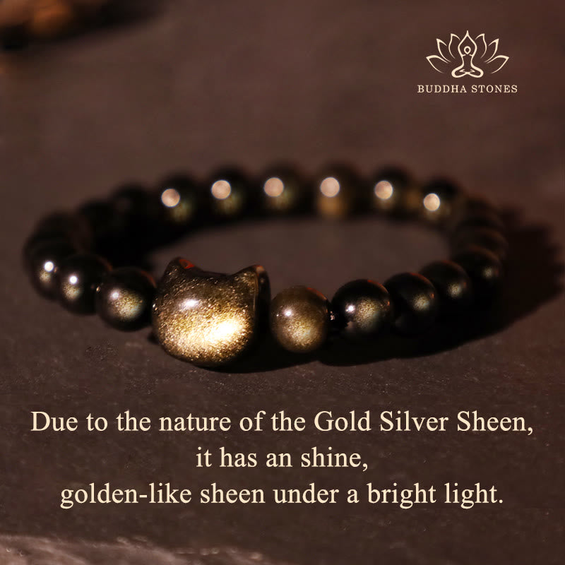 Mythstone Gold Sheen Obsidian Silver Sheen Obsidian Lovely Paw Lucky Cat Protection Bracelet