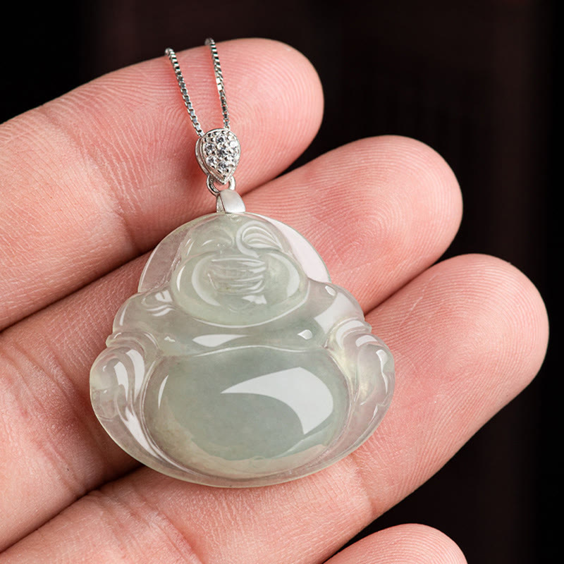 Mythstone 925 Sterling Silver Natural Jade Laughing Buddha Prosperity Abundance Chain Necklace Pendant