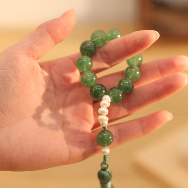 Mythstone Green Strawberry Quartz Pearl Soothing Wrist Mala