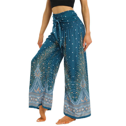 Mythstone Boho Peacock Feathers Lace-up Wide Leg Pants Women's Yoga Pants