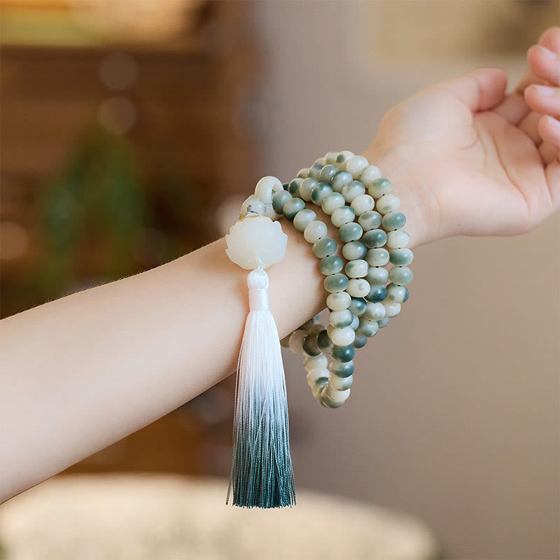 Mythstone Natural 108 Mala Beads Bodhi Seed Lotus Engraved Wisdom Tassel Bracelet