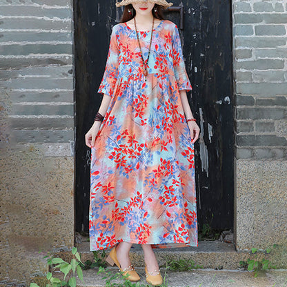 Mythstone Flowers Print Midi Dress Tunic Dress With Pockets