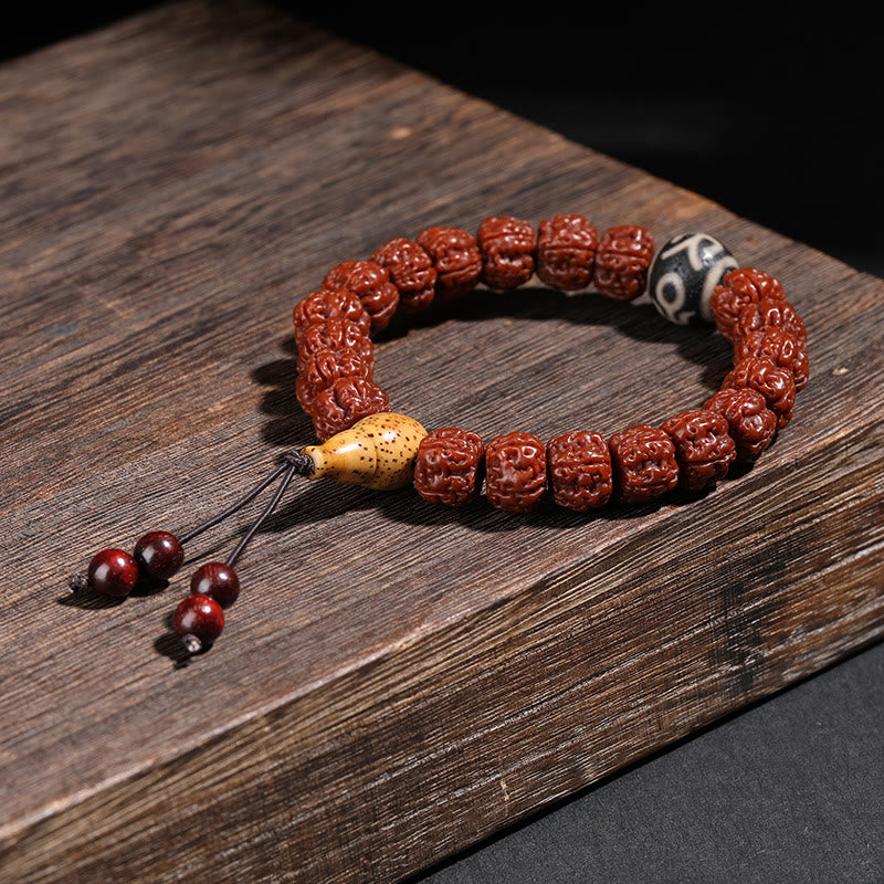 Mythstone Tibet Rudraksha Bodhi Seed Dzi Bead Lucky Cat Dancing Lion Wealth Bracelet Wrist Mala