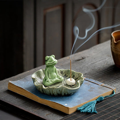 Mythstone Leaf Meditation Frog Pattern Healing Ceramic Incense Burner Decoration