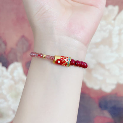 Pulsera curativa de pez koi de la suerte con cuarzo fresa natural Mythstone y cinabrio