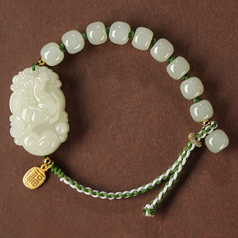 Mythstone 925 Sterling Silver Chinese Zodiac Hetian Jade Happiness Luck String Bracelet