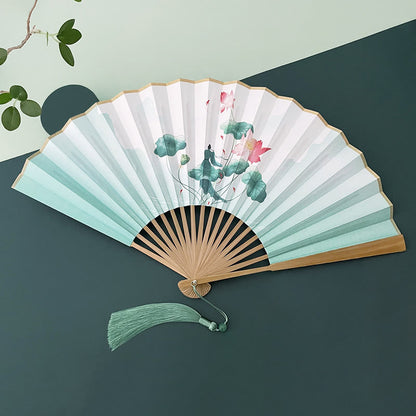 Mythstone Retro Lotus Flower Leaf Mountain Lake Handheld Folding Fan With Bamboo Frames